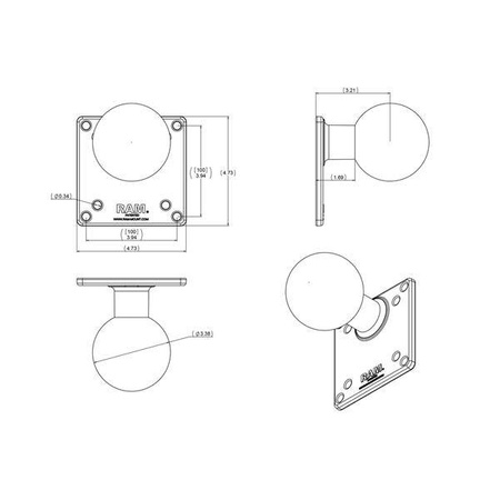 RAM® 100x100mm Placă VESA cu bilă - dimensiune E
