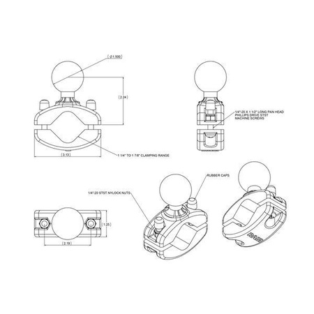 RAM® Rail Clamp Ball Base pentru șine de 1,25" - 1,875" - Dimensiune C