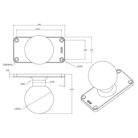 Baza cu bile RAM® cu model cu 4 găuri de 1,5" x 3,5" - dimensiune D