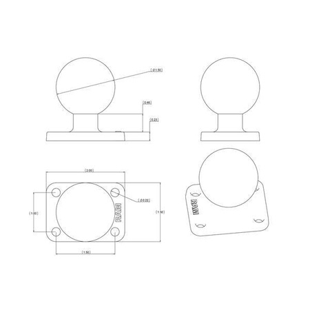 Baza cu bile RAM® cu model cu 4 găuri de 1" x 1,5" - dimensiune C